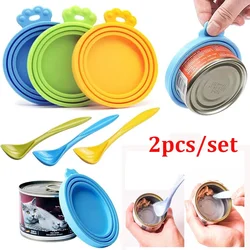 2pcs/set Reusable Pet Food Can Cover Silicone Dogs Cats Storage Tin Cap Lid Seal Cover with Spoon