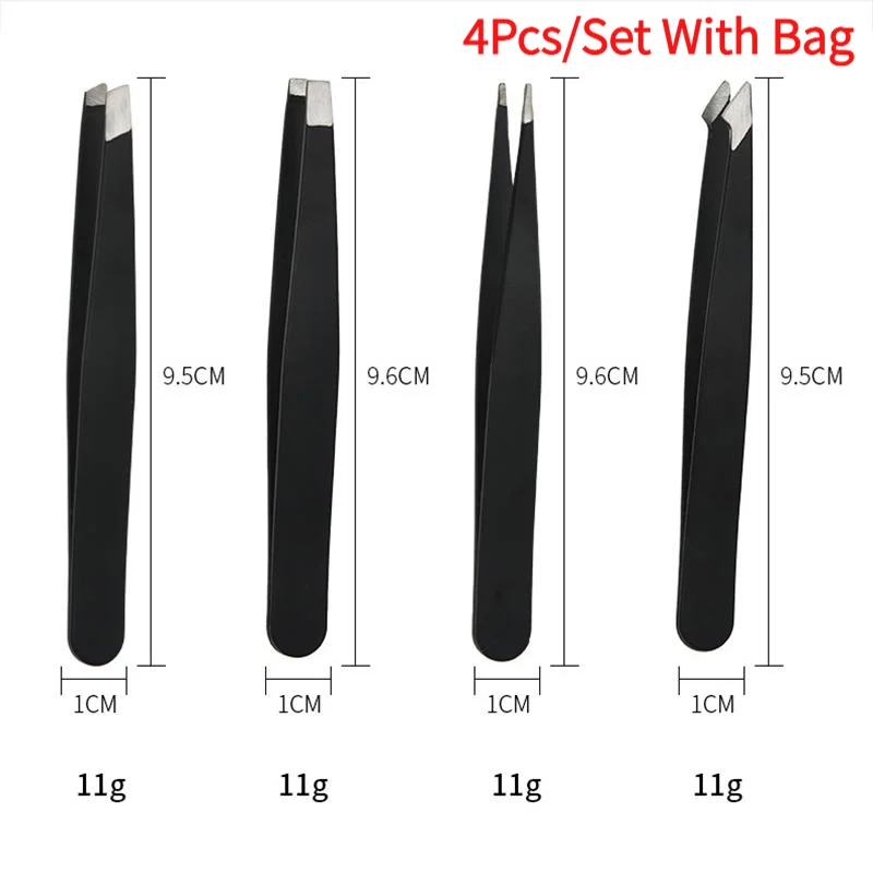 4Pcs/Set With Bag Stainless Steel Angled Tweezers 4pcs Set For Removing Gray Hair Beard Eyebrows Beauty Tools.