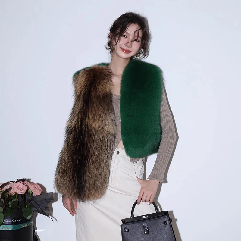 2023 Haute Couture imported Fox Fur Grass Vest Women's Winter Short irregular Contrast stitching Natural Real Fur Sleeveless Ves