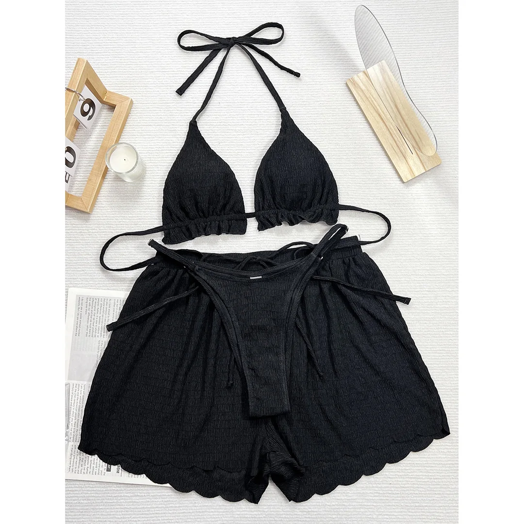 Gerüschter, gefütterter Neckholder-Bikini, Damen-Badebekleidung, dreiteiliger Bikini-Set mit Shorts, Badeanzug, Badebekleidung, Schwimmanzug V5673B – Detail 27