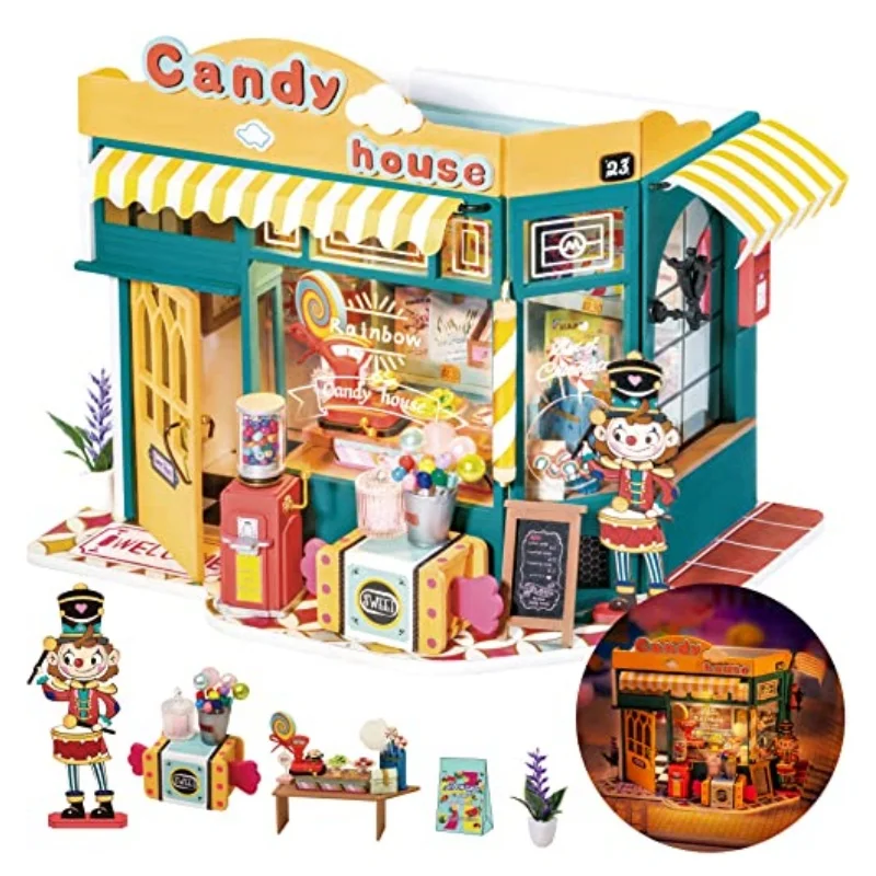 Robotime Rolife Rainbow Candy House DIY Miniature Dollhouse with LED Light, Gifts for Kids Girls, Xmas Gifts