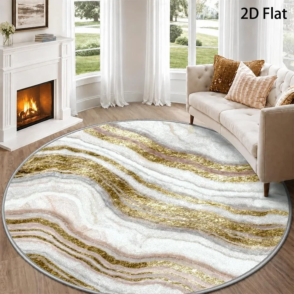 Luxury Gold Marble Swirl Round Rug White Pink Grey Fluid Vein Print Soft Circular Mat Indoor Outdoor Elegant Home Decor Carpet
