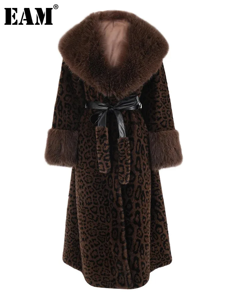 [EAM] Brown Leoppard Print Big Size Long Faux Fur Jacket New Lapel Long Sleeve Women Coat Fashion Autumn Winter 2024 CPG2454