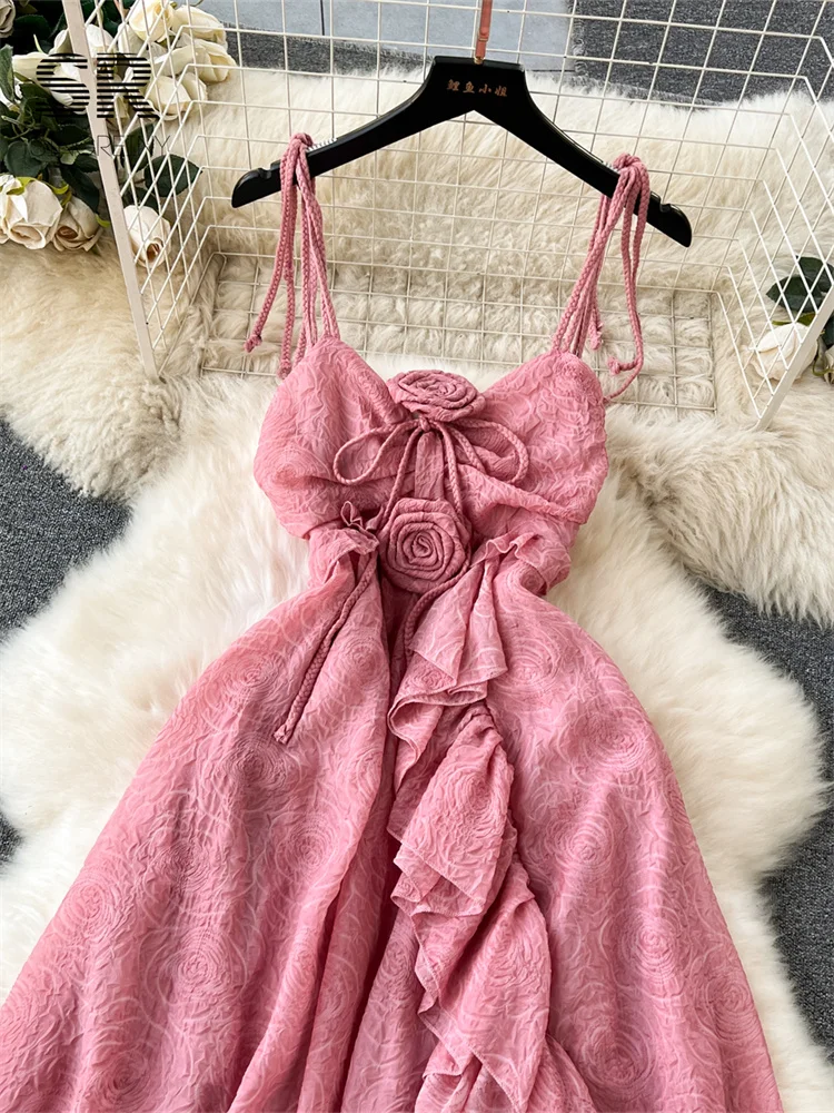 فستان صيفي غير منتظم بدون ظهر من SINGREINY فستان نسائي أنيق وردي أنيق بحزام زهرة نحيف للسيدات من قماش الجاكار على شكل حرف A #3