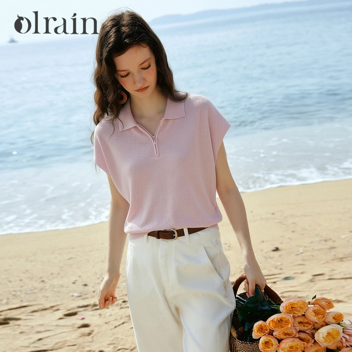 

OLrain Casual Zip Up Half Placket Polo Collar Knit Pullovers 2026 Summer Loose Commute Solid Short Sleeve Top Women O58XZ005366