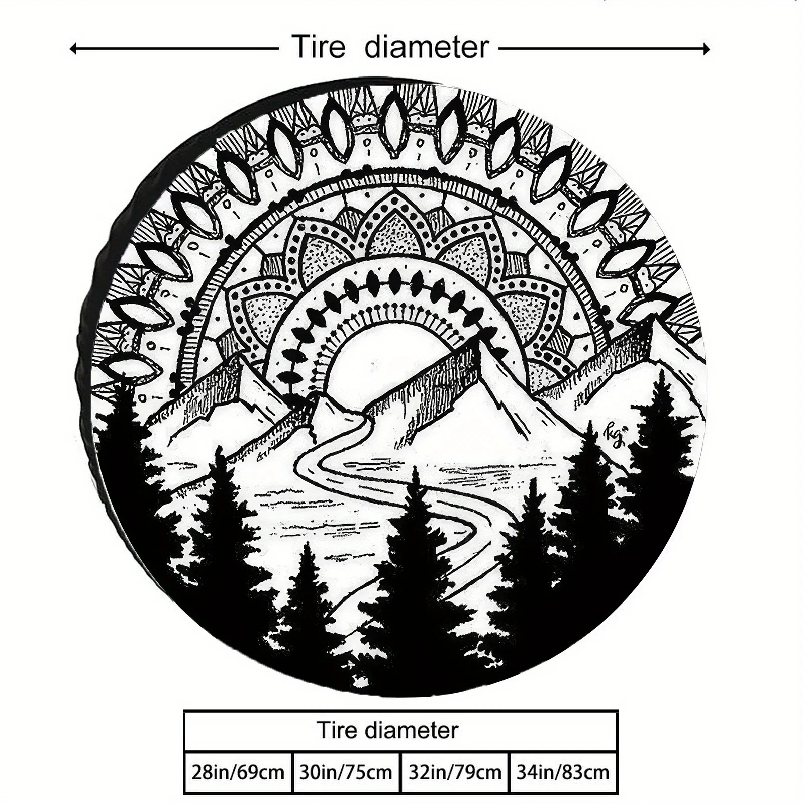 Geometric Mountain Forest Tire Cover - Durable Polyester, Black & White Artistic Design, 28/30/32/34 Inch Fit, Windproof & Dustp