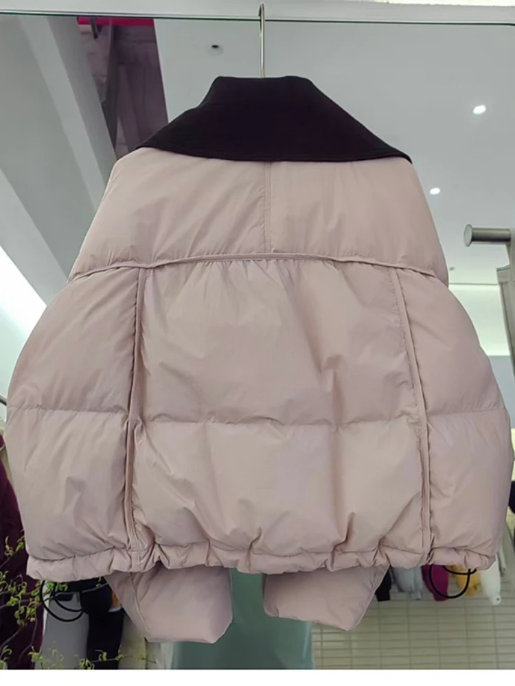 2025年冬新作 ダウンジャケット レディース 韓国風 カラーブロッキング スプライシング 厚手 ショート丈 ホワイトダックダウンコート