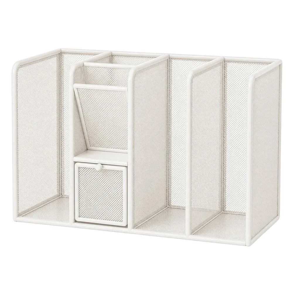 Metal Desk Book Rack Mesh Structure Pull-Out Drawers Book Storage Rack Multi-Compartment with Pen Holder and Pull-Out Drawers