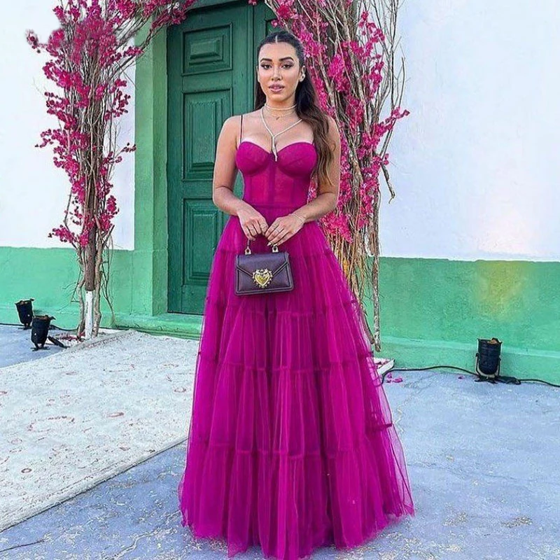 

BridalAffair Fuchsia Long Prom Dresses 2023 Newest Tiered Tulle Formal Evening Dress Princess Women Wedding Party Gowns