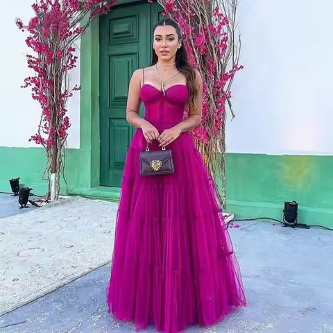 BridalAffair Fuchsia Long Prom Dresses 2023 Newest Tiered Tulle Formal Evening Dress Princess Women Wedding Party Gowns