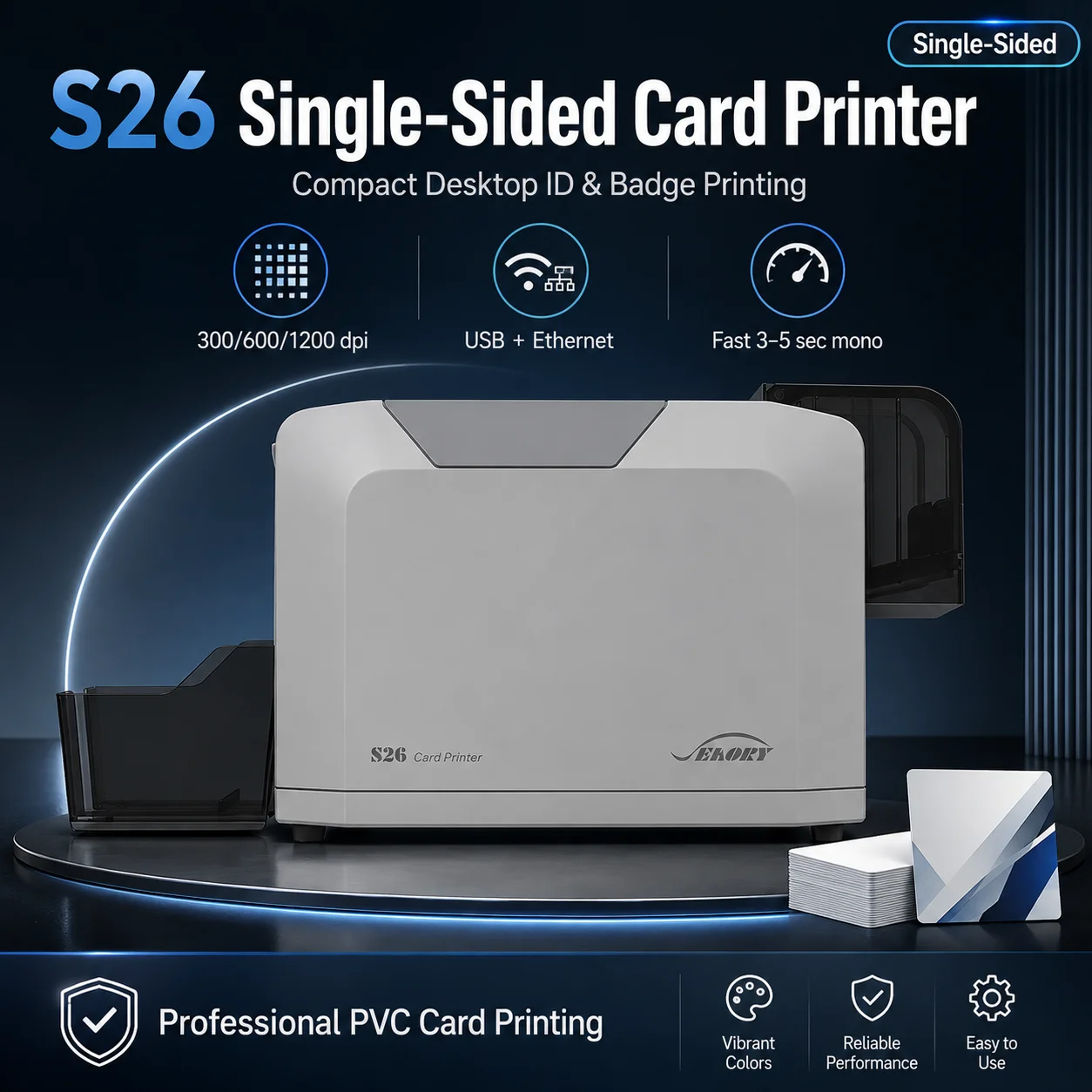S26 ID Card Printer Single Sided PVC Card Printer 300/600/1200dpi Badge Printer USB Ethernet for Employee Membership Cards