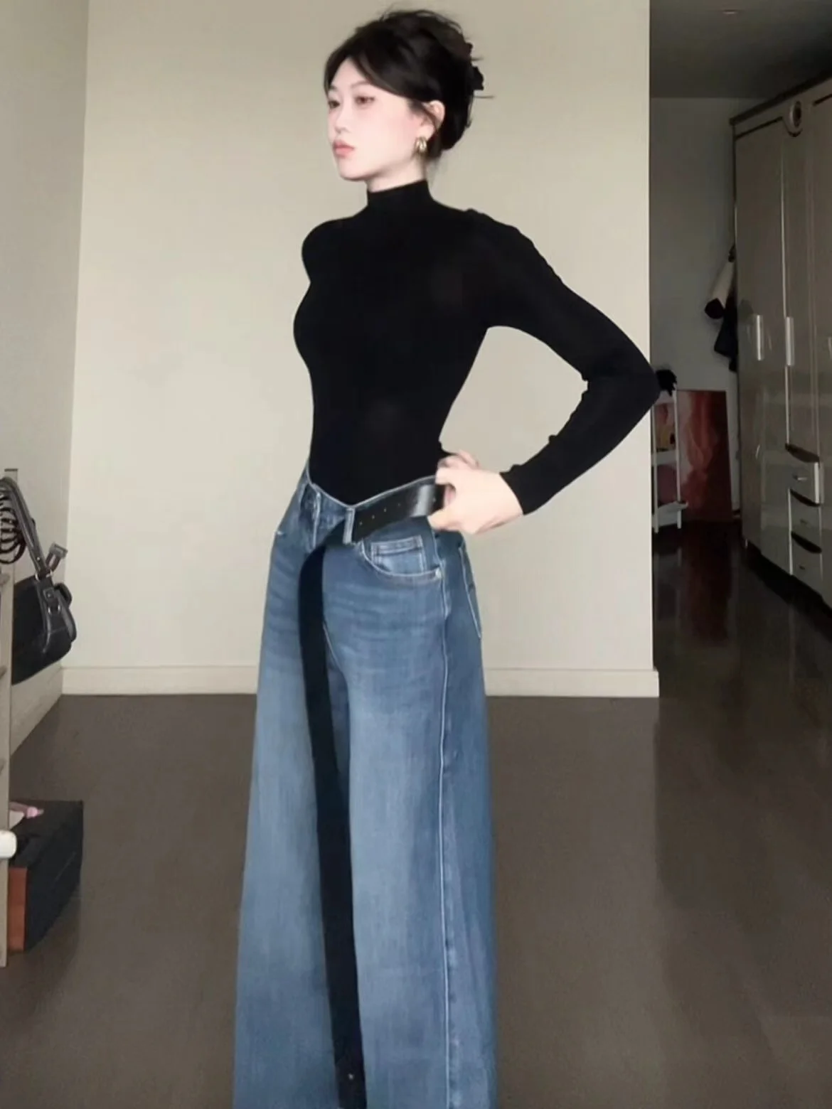 

Korean Sle Bla f High Collar Women's Knitted Sweater Long Sve Slim Fit Autumn Winter T-irt Top Faionable Ele