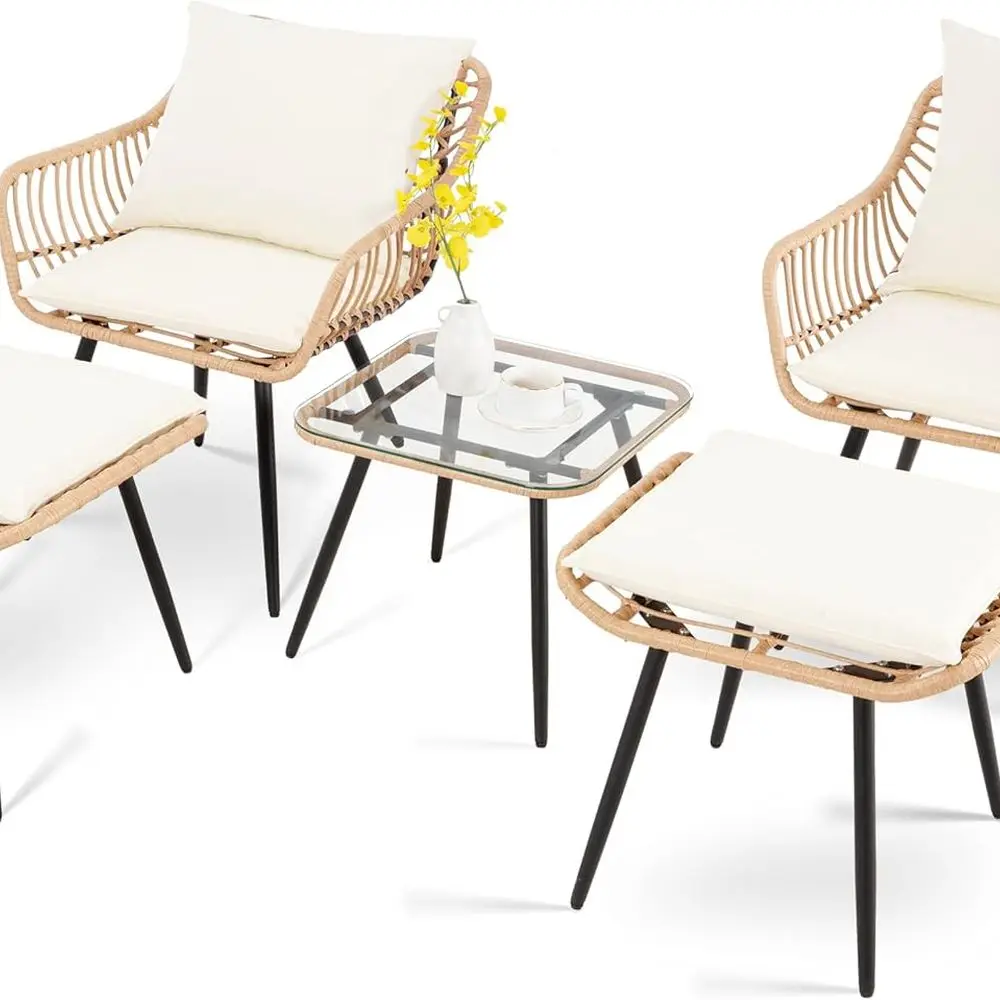 

Комплект мебели для патио из 5-х предметов, небольшой плетеный набор для беседы на открытом воздухе, всепогодные стулья из ротанга из полиэтилена с пуфом и кофейной стороной