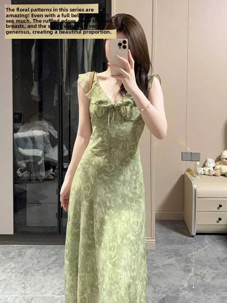 Summer een Floral Lace Hem Strap V-Ne Waist Cinched Long Dr Women's Sweet Sle High Waist A-Line Skirt Maxi Dr