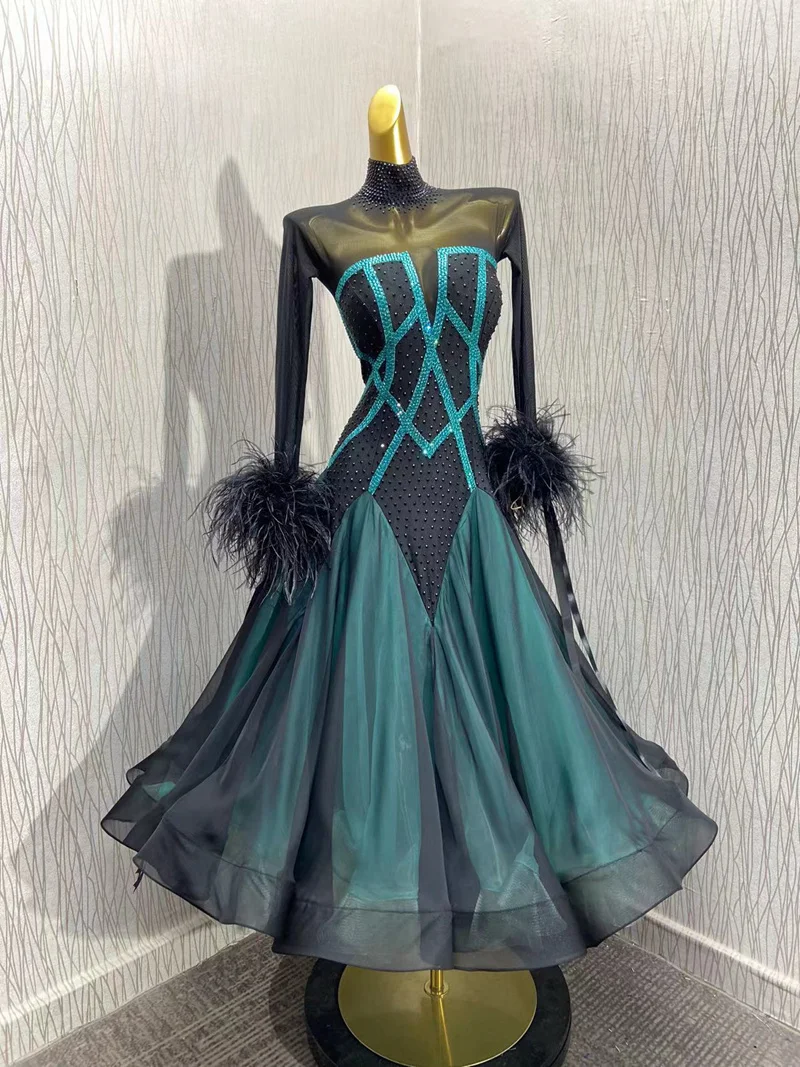 Robe de danse Standard pour compétition, robe de danse de salon, robe de danse de valse, costume de scène, plumes d'autruche noires
