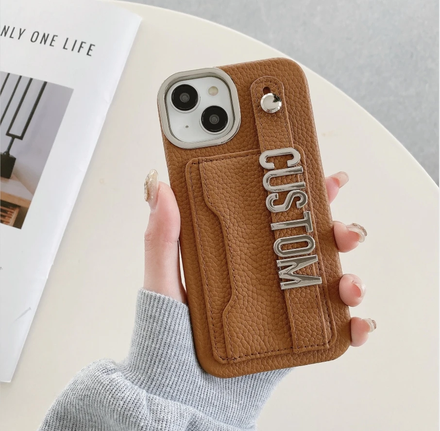 Personalized Cardholder Letter name Genuine Leather Phone case for iPhone15 14 13 12ProMax 15Plus wristband Cover