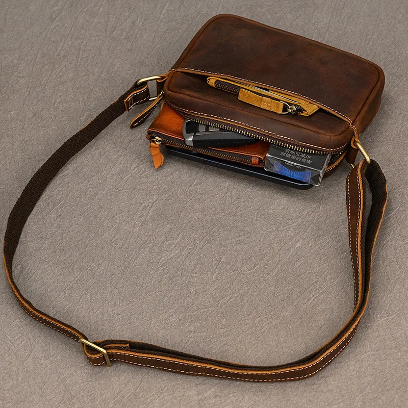 حقيبة كتف واحدة مربعة أفقية من الجلد الطبيعي للرجال، حقيبة كروس خفيفة الوزن، حقيبة سفر للرجال #5