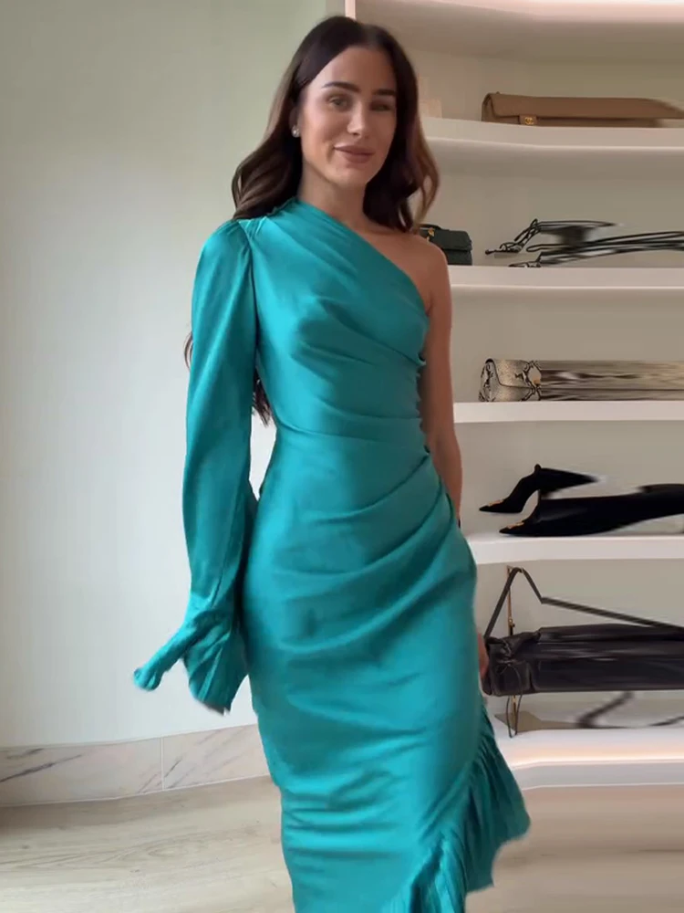 فساتين حريمي فستان أنيق للحفلات من الساتان بكتف واحد مكشكش فستان ميدي مثير أنيق فستان رسمي ملابس نسائية ملابس خارجية جديدة