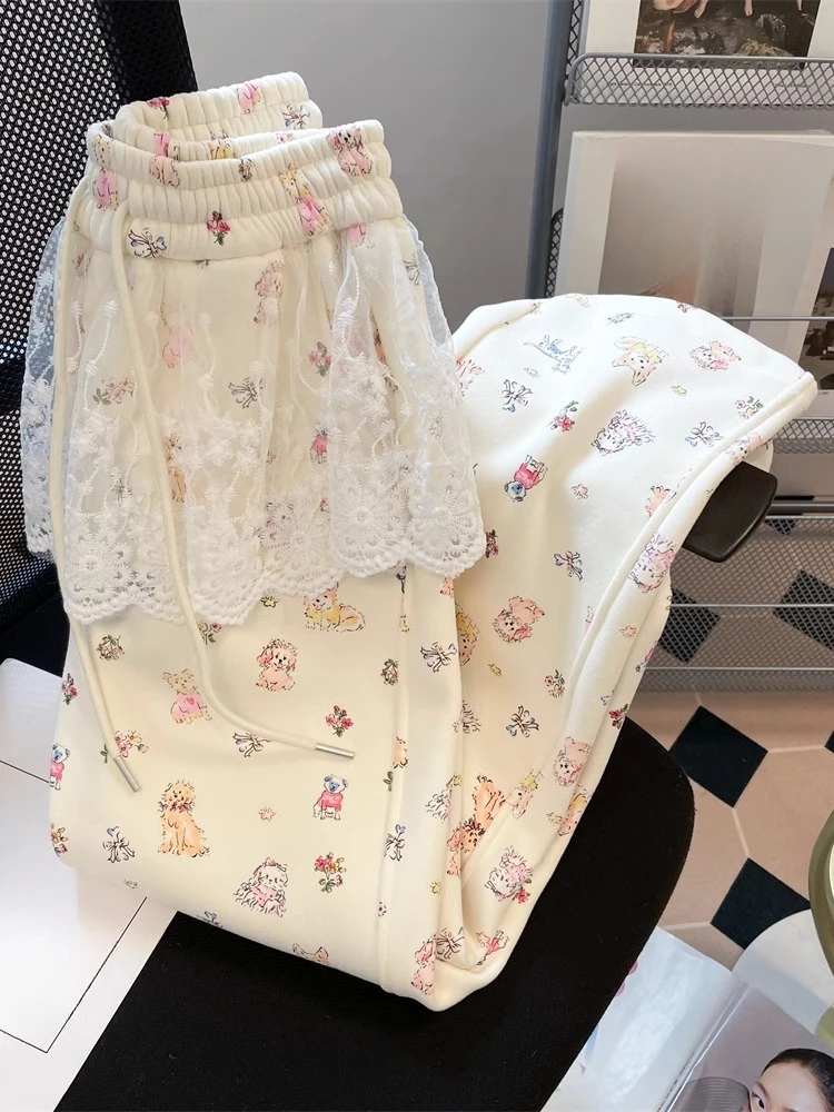 Y2k Wiosna Jesień Pantalony Wysoka Talia Kreskówka Nadruk Koronkowe Patchwork Proste Spodnie Styl Preppy Moda Projektowanie Odzież Damska