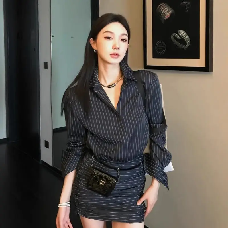 Striped Polo Neck Shirt Long-sleeved Dress Female Temperament Waist-pack Hip Short Skirt