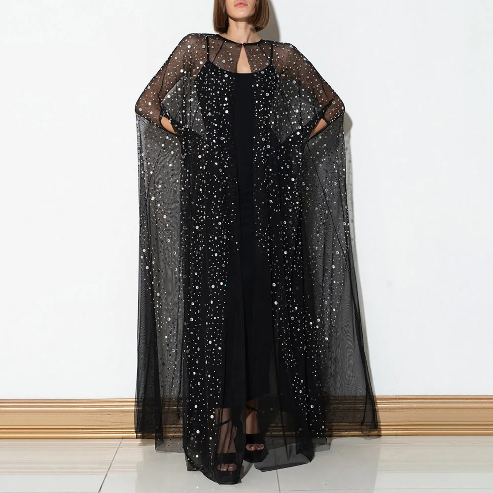 VGH Casual Spliced Sequins Long Dress For Women Round Neck Cloak Sleeves High Waist Patchwork Mesh Loose Dresses Female Fashion