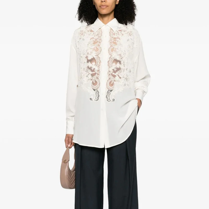 

Women's White Lace Flower Embroidery Shirts Trendy Single Breasted Lapel Long Sleeve Blouse 2024 Spring New Y2K Clothes Runway