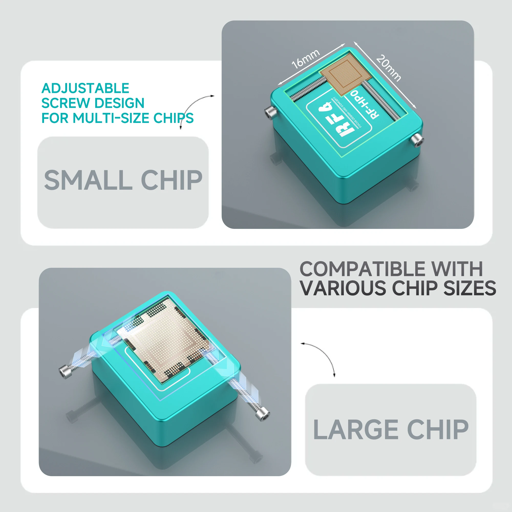 RF4 RF-HP02 Mini Chip Cleaning Block Dual Sided Fast Heat for Solder Glue Removal Adjustable Screw Multi Size Chip Repair Tool