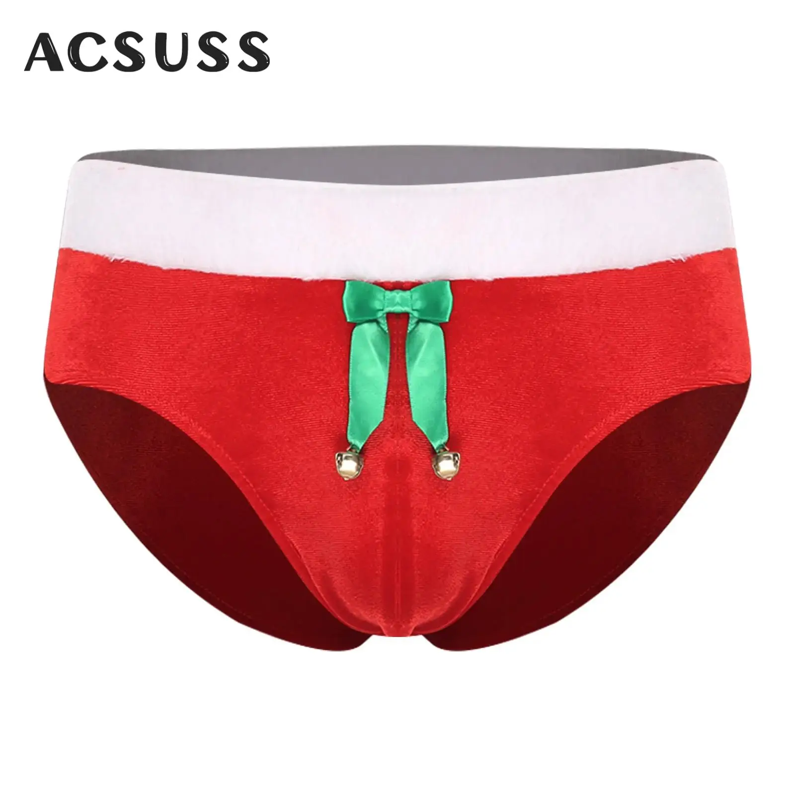 Mens Sexy Christmas Velvet Briefs Plush Waistband Bow Bells Bulge Pouch Underwear Xmas Santa Claus Night Club Party Lingerie