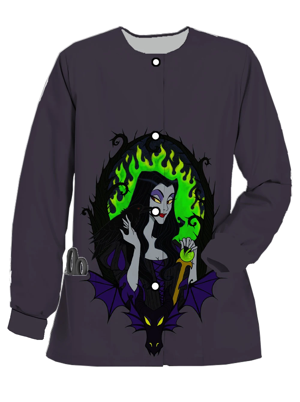 Nueva chaqueta esmerilada de manga larga con doble bolsillo para mujer de otoño e invierno, uniforme de enfermera con bolsillo con estampado de Maléfica de Disney