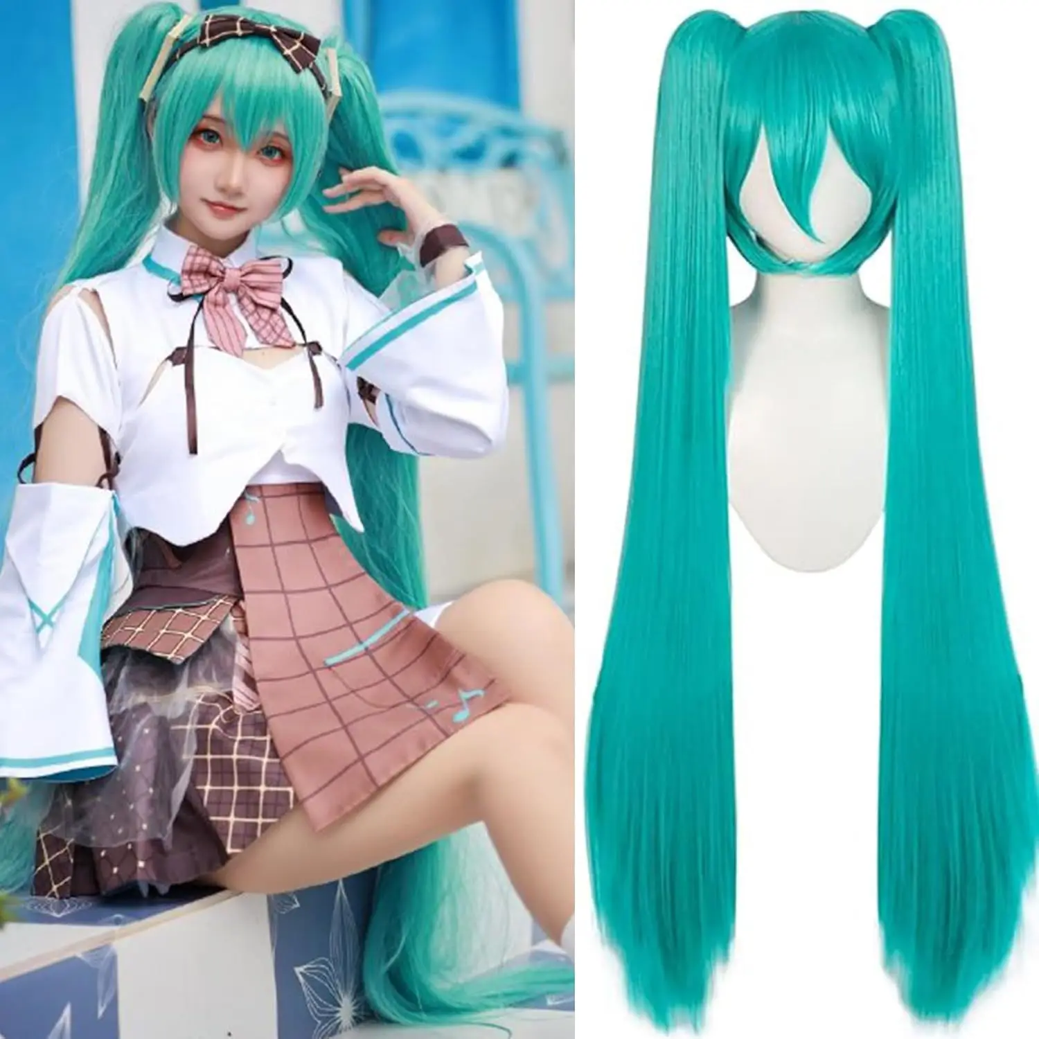 

110cm Miku Cosplay Wig Heat Resistant Synthetic Long Blue Hair with Twin Tails Ponytails + Wig Cap