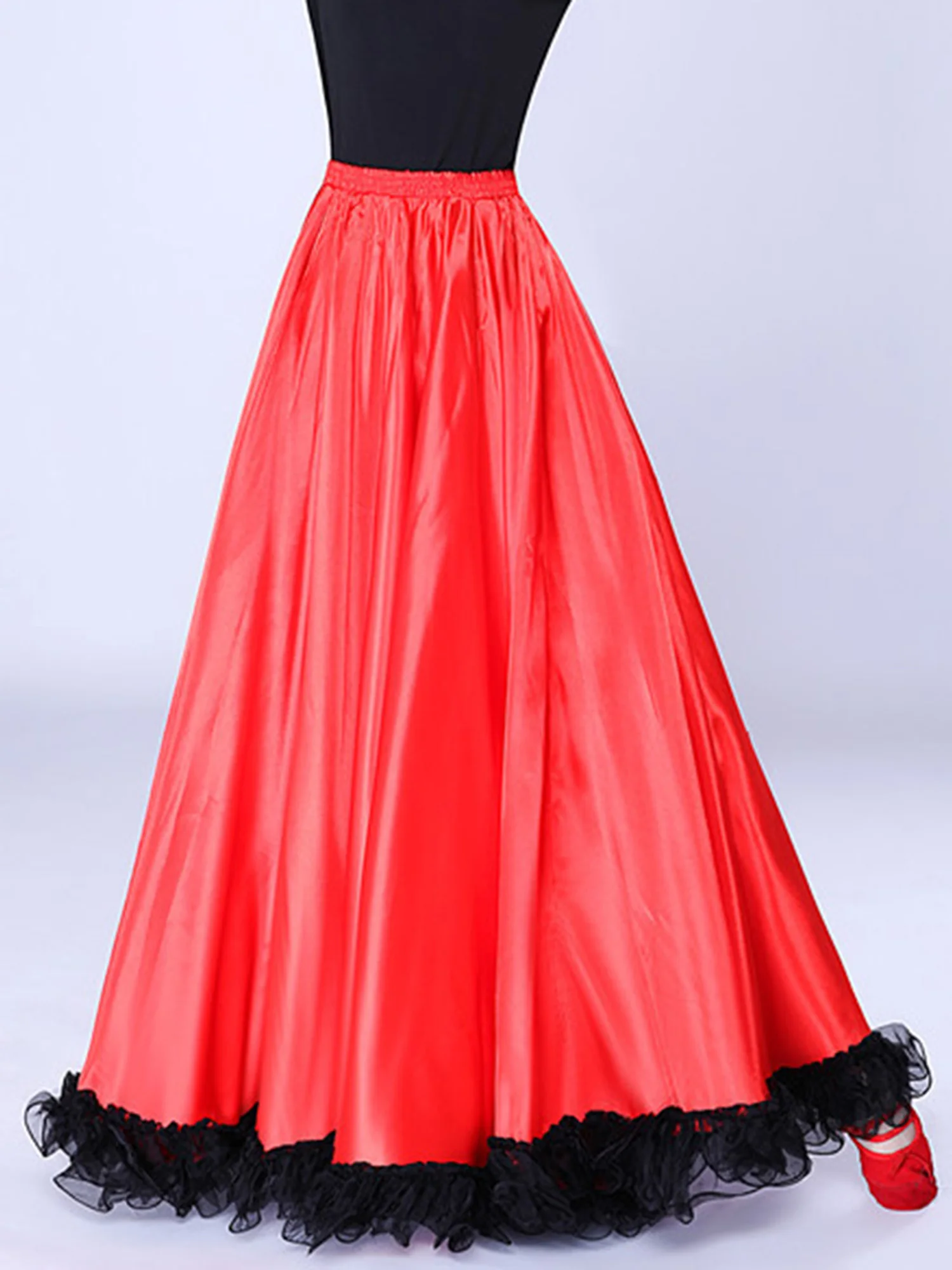 Vrouwen Spaanse Flamenco Bull Dance Rok Buikdans Rok Ruches Zoom Grote Swing Satijn Maxi Rok Podiumkostuum