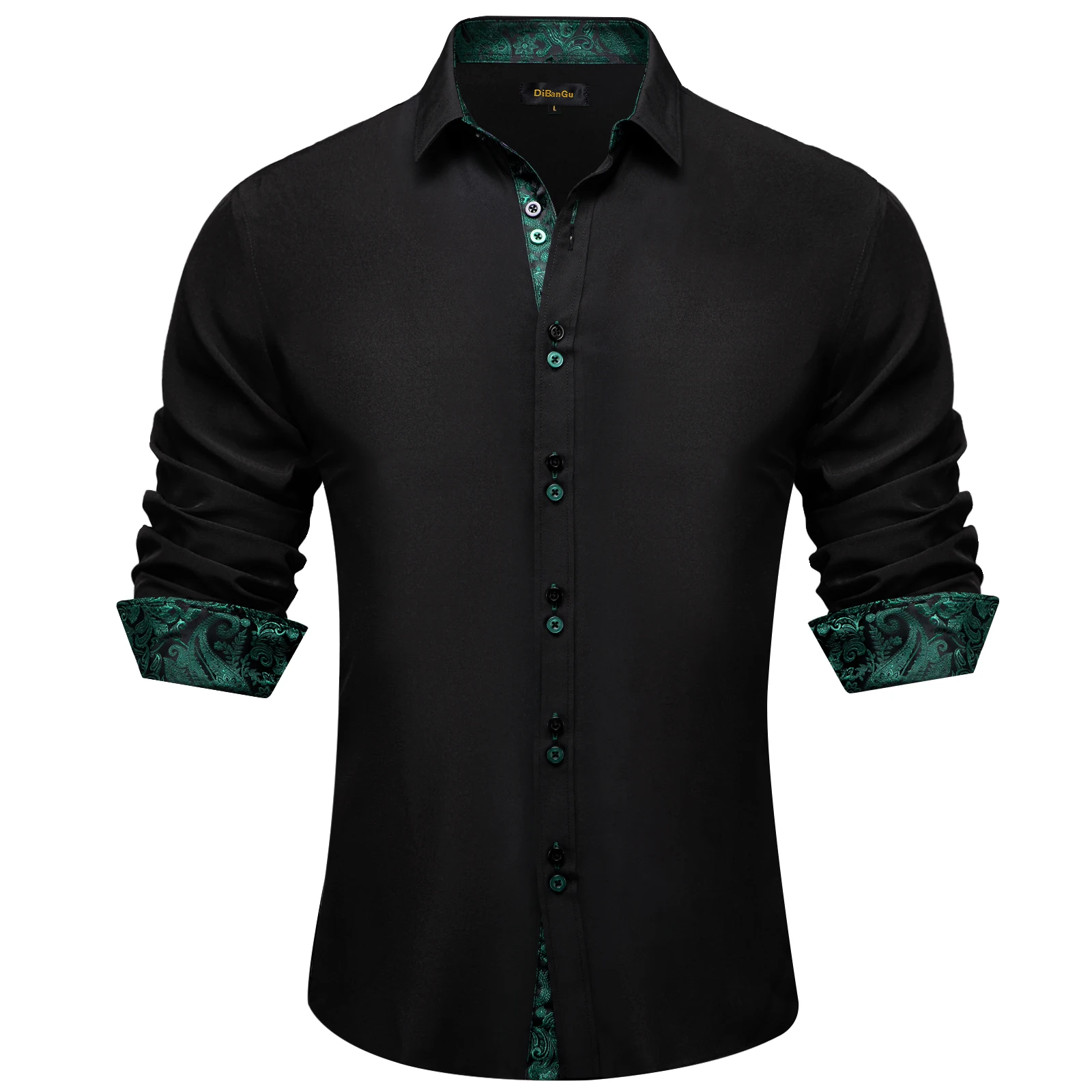 Solid Black Button Up Shirt for Men, Contrast Inner Collar, Dual Color Buttons, Slim Top, Optional Trim Office Daily Wear