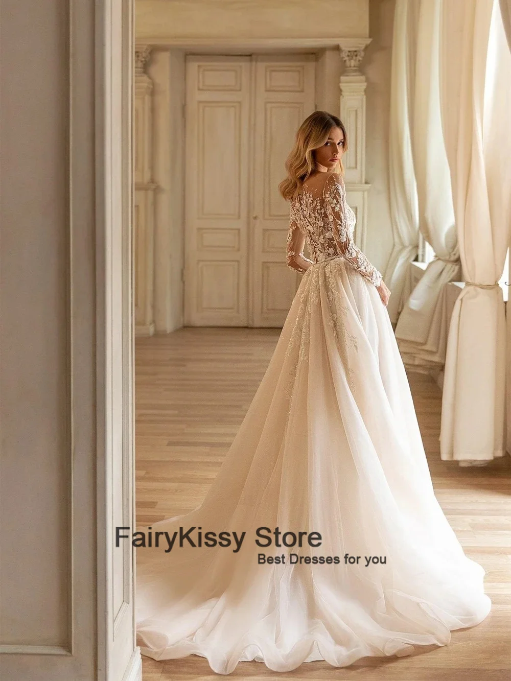 FairyKissy Graceful Appliques 3D Flower Wedding Dress Shinny Sequins Beads A Line Long Bridal Gown Vintage Robe De Mariée