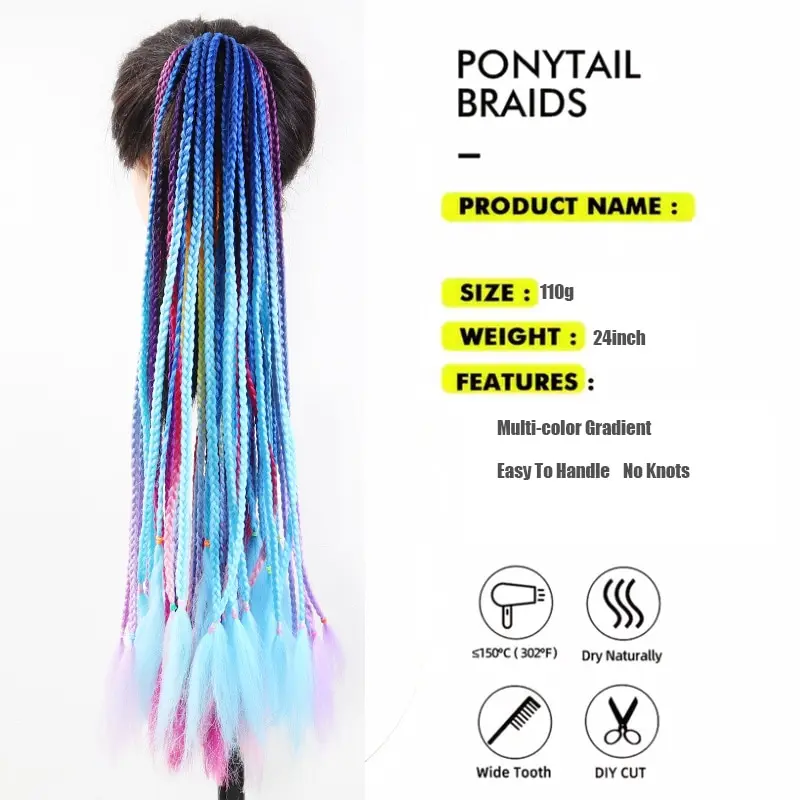 24Inch Synthetic Long Hair Braid Colorful Headband Ponytail Colorful Personality Headwear Suitable For Everyday Life