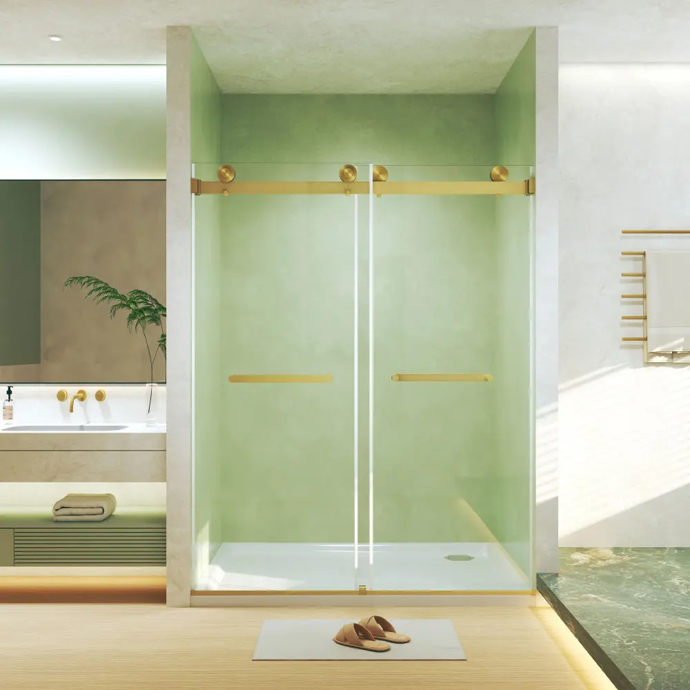 

Frameless Double Sliding Shower Door 44-48W×74H 8mm Temp Glass, Explosion-Proof, Brushed Gold