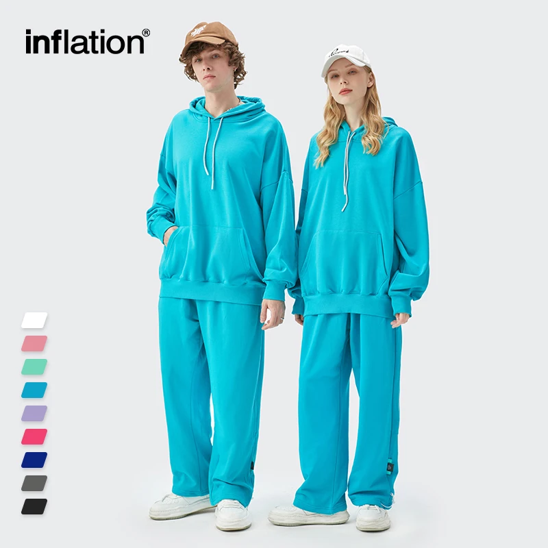 INFLATION Couple Oversized Hoodies Set Unisex Candy Color Cotton Jogger Set Men Urban Streetwear Tracksuit Hip Hop Sweatpant Set