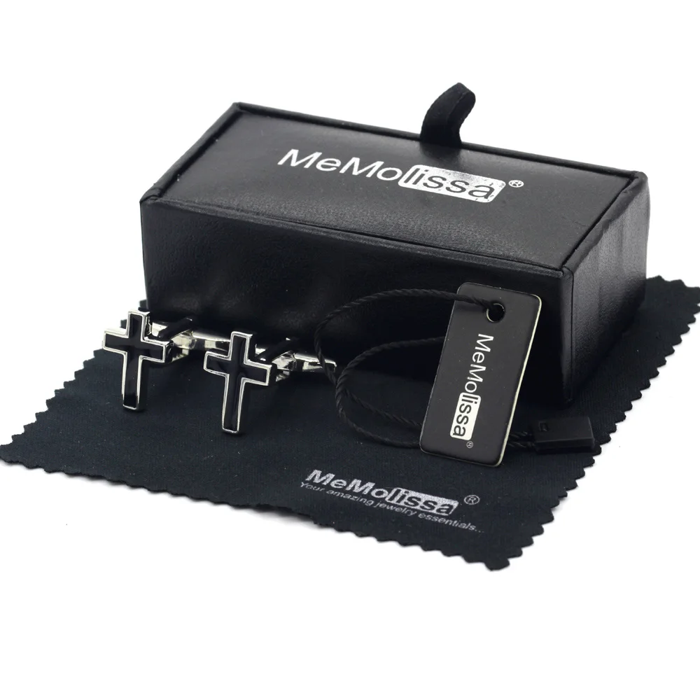 MeMolissa Display Box Religion Iron Cross Cufflinks Mens Button with Black Enamel Plated Jewelry Free Tag & Wipe Cloth