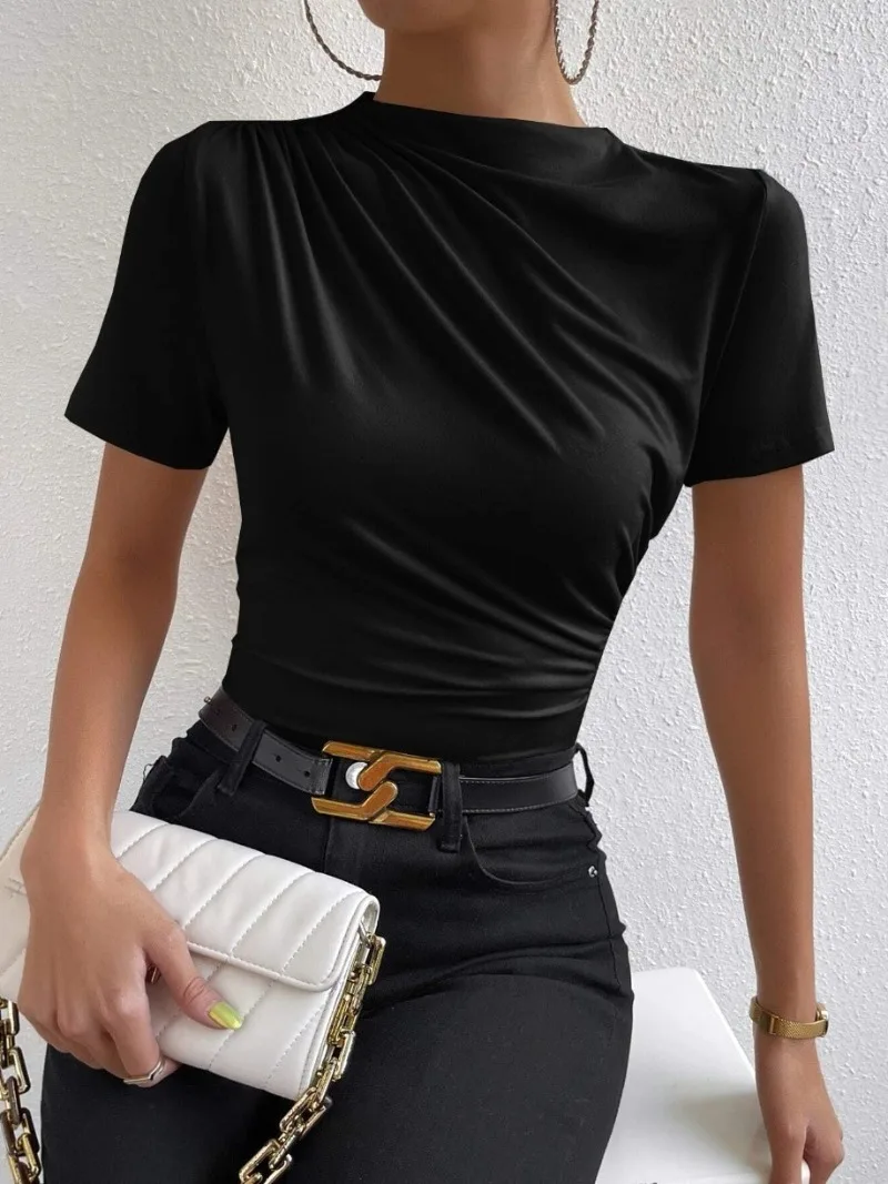 Solid High Neck Slim Fit T-shirt, Elegant Short Sleeve Ruched Top For Spring & Summer, Women's Clothing