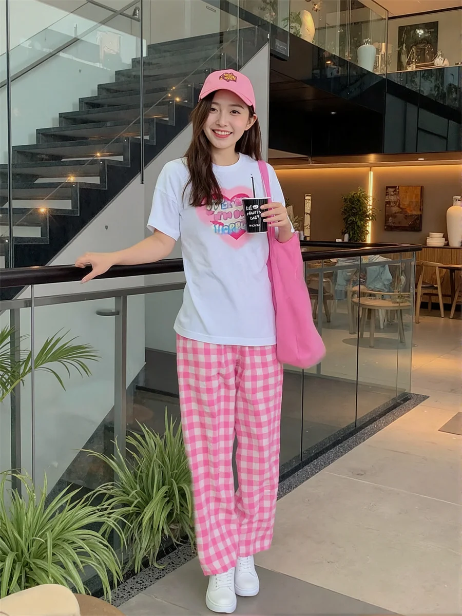 سروال نسائي فضفاض أزرق وردي منقوش على طراز الهيب هوب على طراز الشارع موضة حضرية مادة ناعمة مريحة ملابس يومية رائعة #2