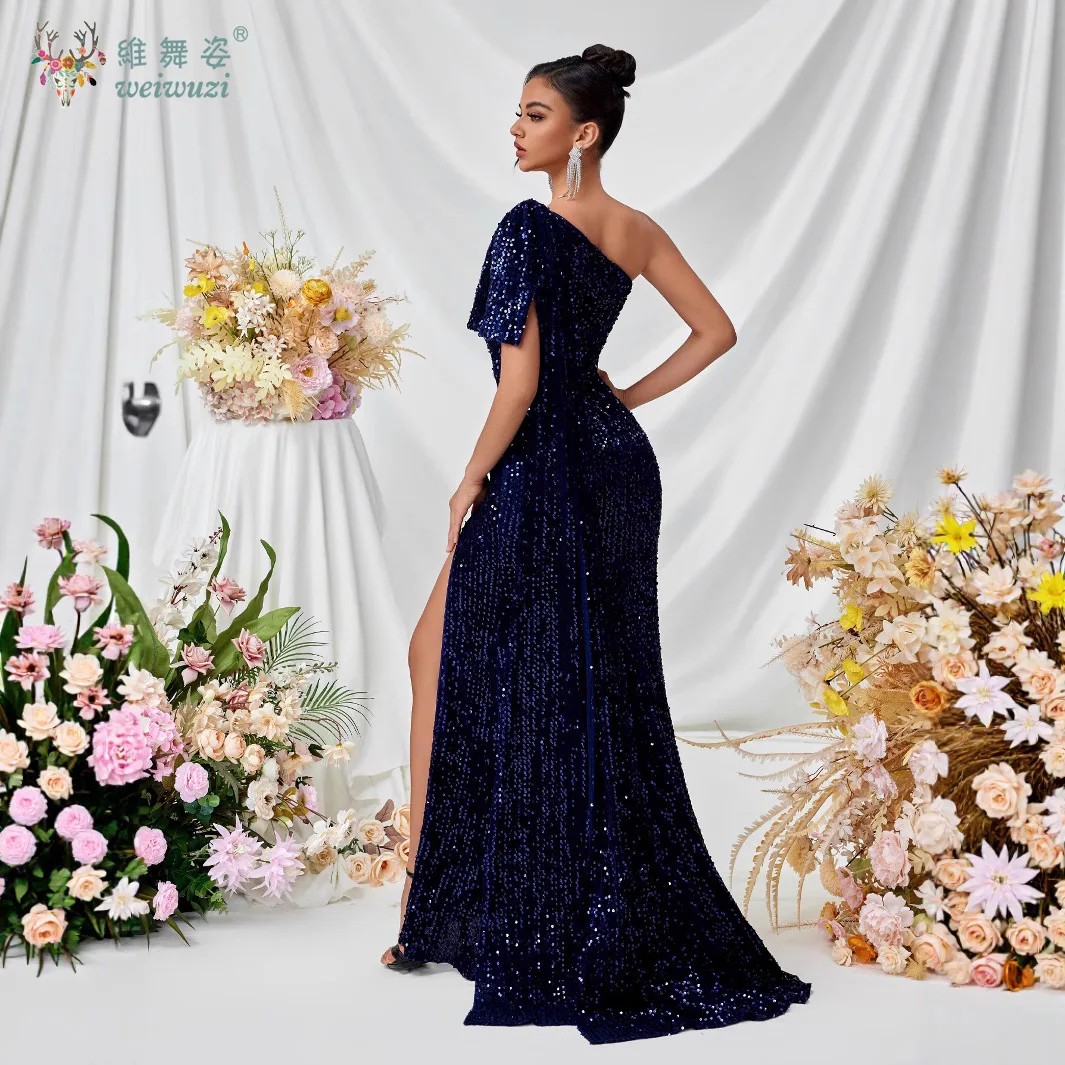 Elegante e lindo cor sólida gola inclinada ombro único cintura cauda de peixe saia alta fenda lantejoulas vestido de noite