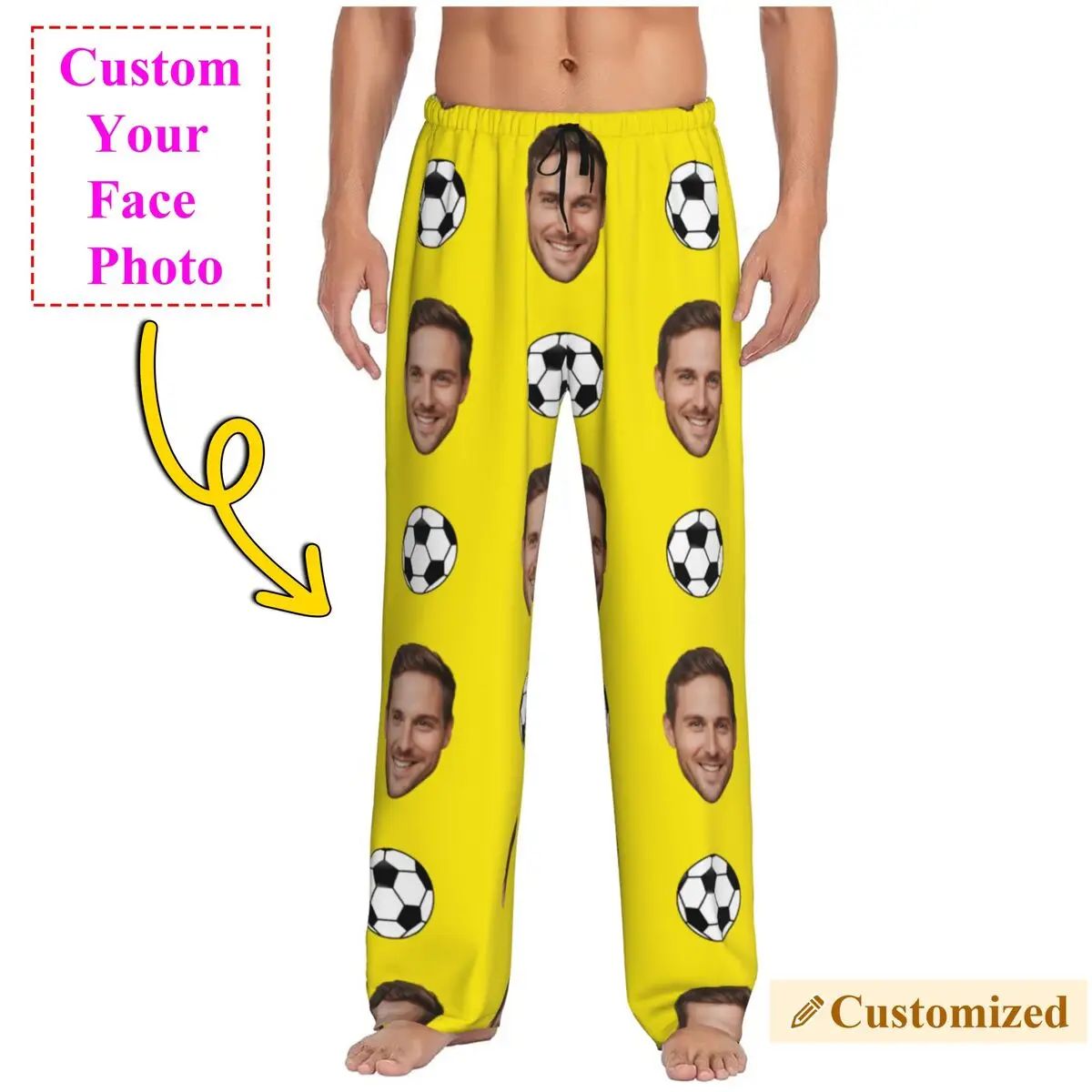 Soccer Football Face Custom Pajama Pants for Men Personalized Photo Design Lounge Sleep Stretch Sleepwear Bottoms with Pockets