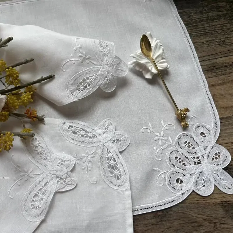 4PCS French Retro Style Cotton and Linen White Butterfly Pathé Lace Placemat Napkin Handkerchief