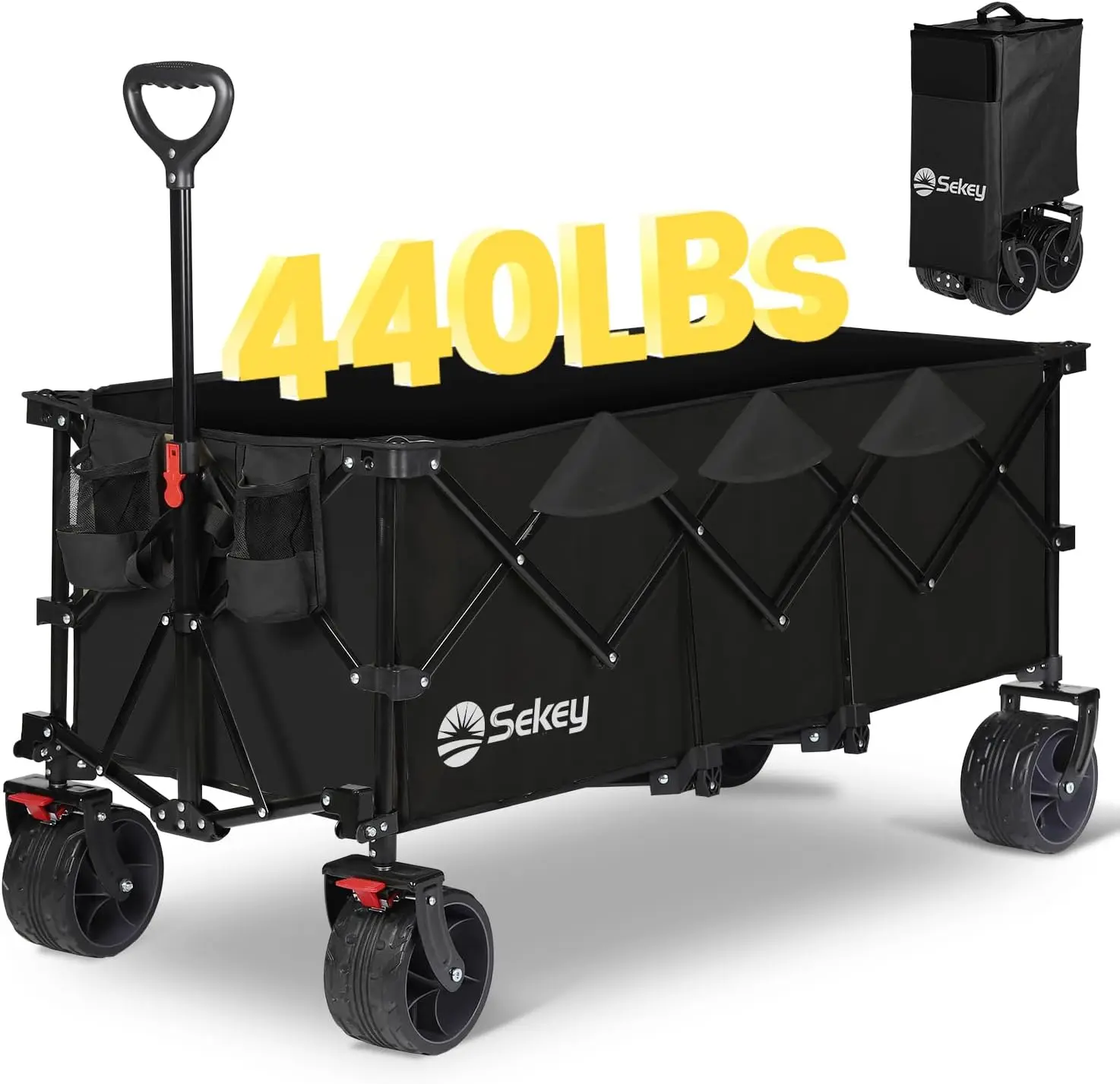 Sekey 48''L Collapsible Foldable Extended Wagon with 440lbs Weight Capacity, Heavy Duty 300L Folding Utility Garden Cart with Bi