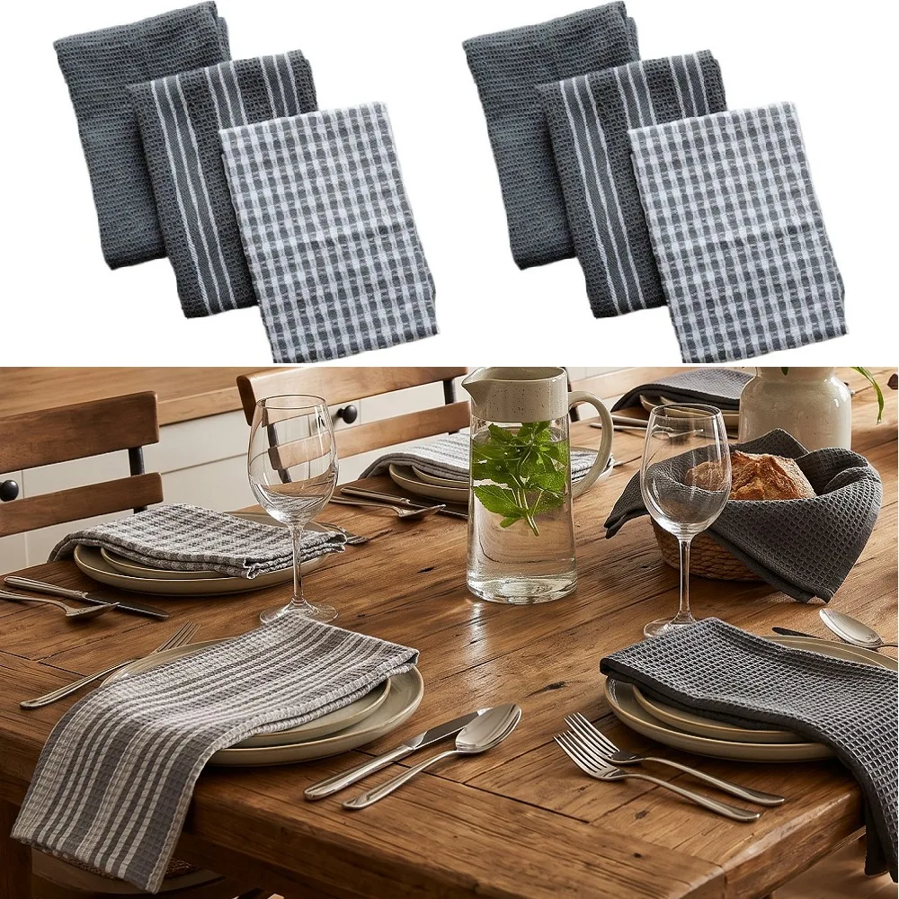 6Pcs Cotton Waffle Weave Kitchen Towels Striped Dishcloth Soft Tea Towel Cleaning Cloth for Glassware Dishes Pot Holder Mat