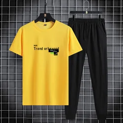 2023 Summer New Short sleeved T-shirt and Long Pants Set for Men's Trendy Brand Sports and Casual Versatile Fashion Trendy Cloth