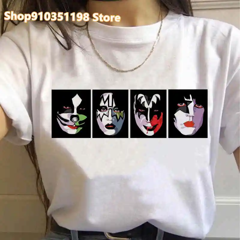 Women Kiss T-Shirts Rock Music Band Print Women Fashion Short Sleeve Hip Hop Oversized T Shirt Punk Graphic Tees Tops