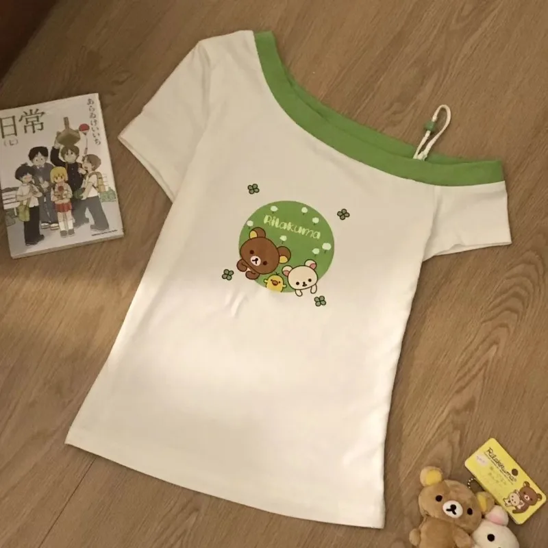 

Women's slim Hottie T shirt Japanese subculture cartoon print T-shirts Harajuku patchwork slant collar Tshirt female kawaii tops