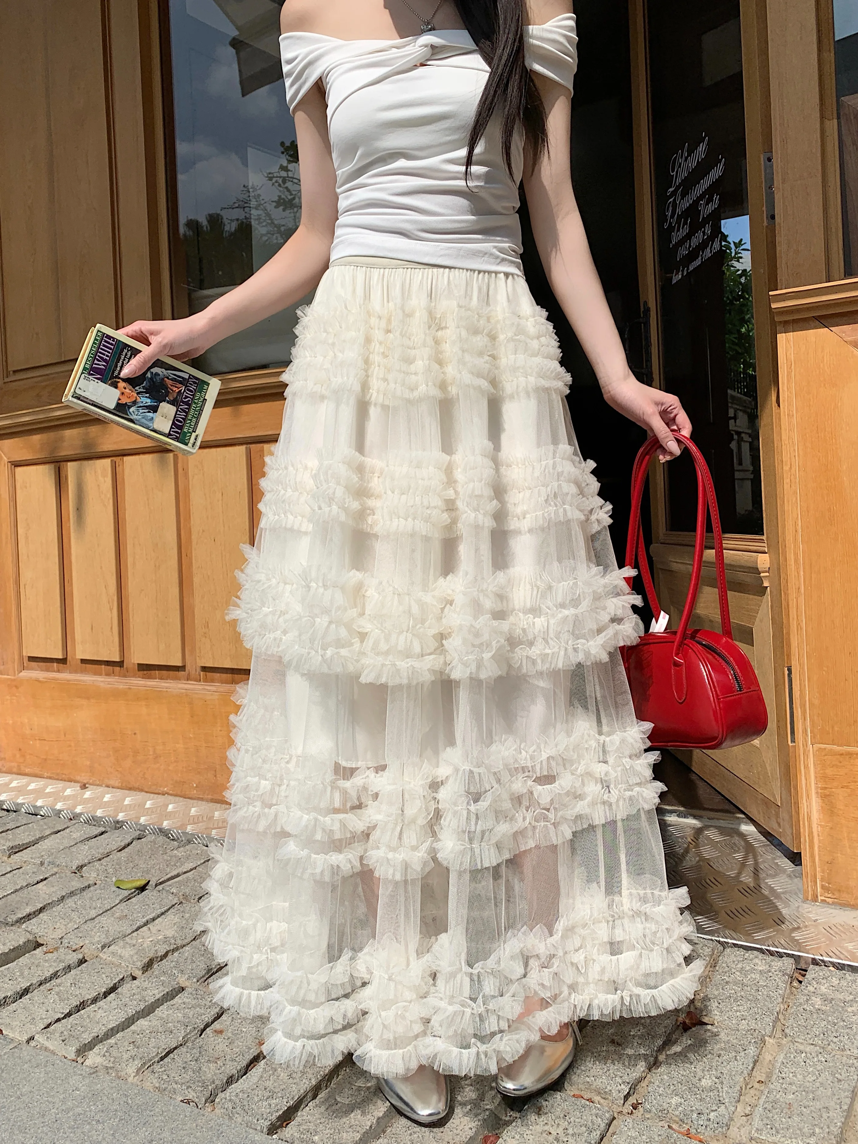Elegant Double-layer Mesh Voile Lace Skirt Women's Sweet High-waisted A-word Fungus Edge Slim Long Skirt Party Club