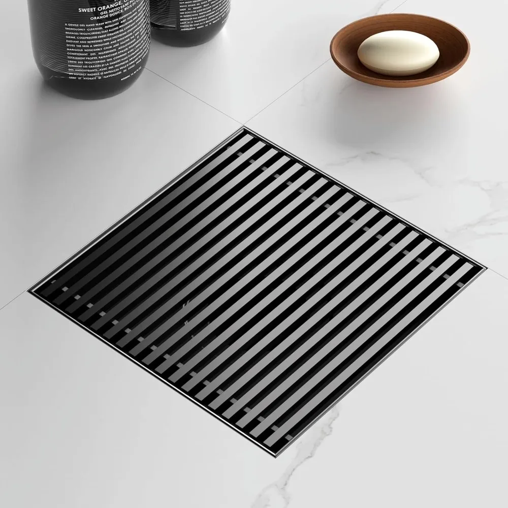 

6 Inch Square Shower Drain with Removable Wedge Wire Pattern Grate, Matte Black 304 Stainless Steel Square Shower Floor Drain