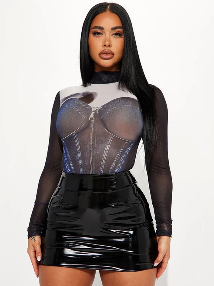 Lingerie de manga comprida de uma peça para mulheres, gaze sexy espartilho top, roupa festival, roupa Rave, impressão 3D, bodysuit